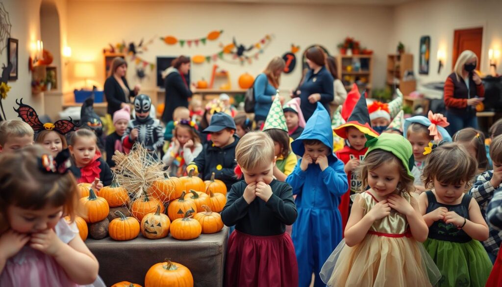 A bustling Halloween costume contest preparation scene. In the foreground, a group of excited children in various creative costumes, carefully adjusting their outfits and accessories. The middle ground showcases a lively display of colorful, whimsical props and decorations - pumpkins, spider webs, and spooky silhouettes. In the background, a warm, autumnal setting with a cozy, well-lit room, where parents and guardians provide guidance and encouragement. Soft, diffused lighting creates a festive, inviting atmosphere, with a sense of anticipation and community spirit. The overall composition captures the joyful energy and imaginative spirit of a Halloween costume contest preparation.