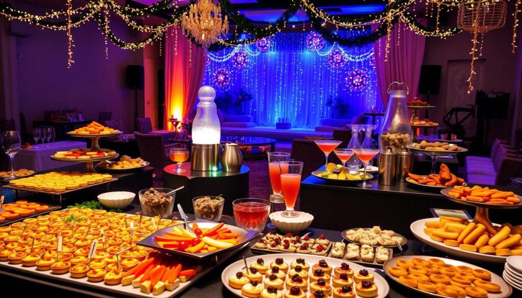 A cozy New Year's party with an array of delectable food stations set against a warm, festive backdrop. In the foreground, a large buffet table laden with an assortment of finger foods and snacks - from platters of bite-sized canapes and mini quiches to colorful veggie trays and artisanal cheese boards. In the middle ground, an inviting drinks station with a shimmering champagne fountain, seasonal cocktails, and an assortment of non-alcoholic beverages. The background features a softly lit, elegantly decorated event space with twinkling lights, hanging garlands, and a backdrop of stylish party decor. The overall atmosphere is one of indulgence, celebration, and togetherness, perfect for ringing in the new year with family and friends.