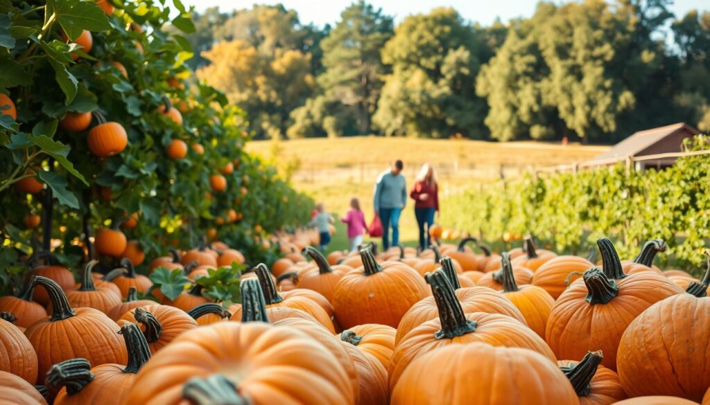 A cozy autumn afternoon in a charming pumpkin patch. In the foreground, a vibrant array of pumpkins in various sizes and hues, their textured skin catching the warm glow of the afternoon sun. In the middle ground, families stroll amongst the vines, children playfully selecting their perfect pumpkin. Framing the scene, a backdrop of lush, verdant foliage and towering trees, their leaves just beginning to turn, casting a golden hue across the pastoral landscape. The atmosphere is one of gentle tranquility, inviting visitors to pause, breathe in the crisp, earthy scents, and fully immerse themselves in the spirit of the fall harvest. Shot with a wide-angle lens to capture the breadth of the scene, the image conveys a sense of rustic abundance and seasonal celebration.