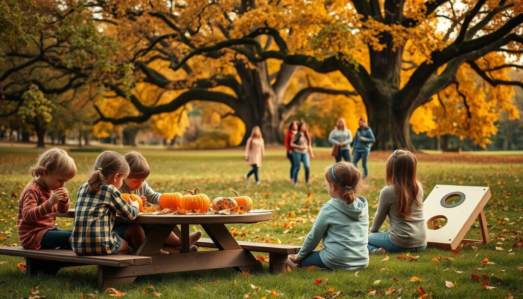 A cozy autumn scene in a lush park, with children engaged in various crafts and activities. In the foreground, a group of kids sit around a picnic table, their hands immersed in projects like leaf painting, pumpkin carving, and DIY nature collages. In the middle ground, a trio of friends play a friendly game of cornhole, their laughter echoing through the crisp air. In the background, towering oak trees shed their vibrant foliage, casting a warm, golden glow over the whole scene. The lighting is soft and diffused, creating a sense of tranquility and togetherness. A perfect blend of autumn's natural beauty and the joy of outdoor exploration and creative expression.
