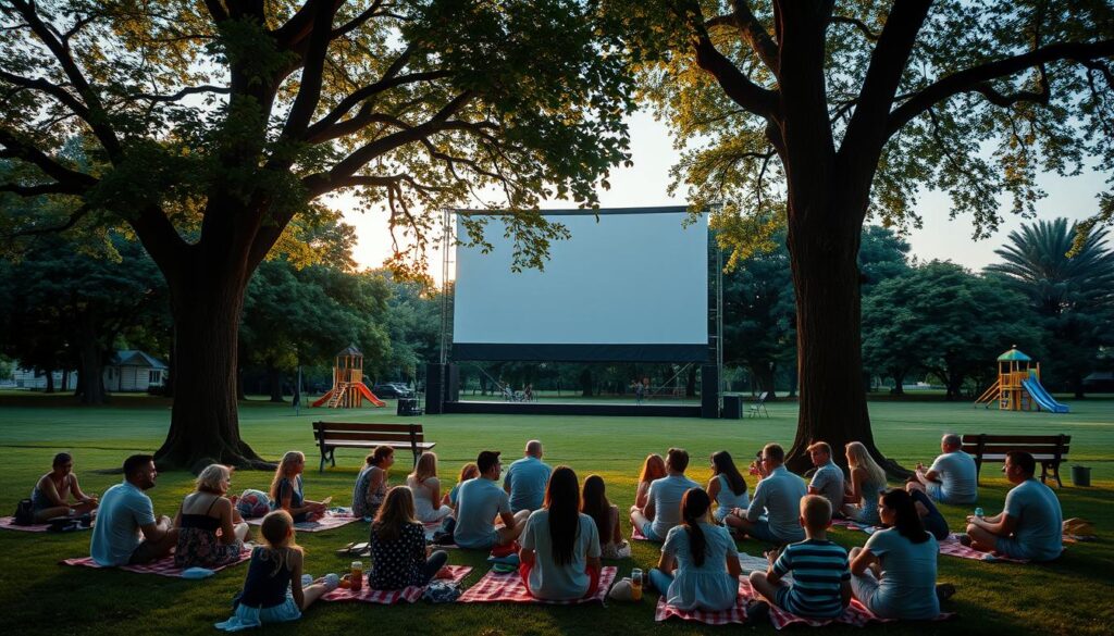 A cozy summer evening in a lush, verdant park. Families gather on picnic blankets, snacks and drinks in hand, gazing up at a massive outdoor movie screen. Towering trees cast dappled shadows, their branches swaying gently in the warm breeze. Nearby, a small amphitheater-style seating area offers prime viewing angles, with benches arranged in a semicircle. The screen itself is illuminated by powerful, yet warm-toned spotlights, casting a soft glow over the scene. In the distance, the faint outline of a playground can be seen, hinting at the park's multi-purpose design. An atmosphere of relaxation and community permeates the space, perfect for an unforgettable family movie night under the stars.