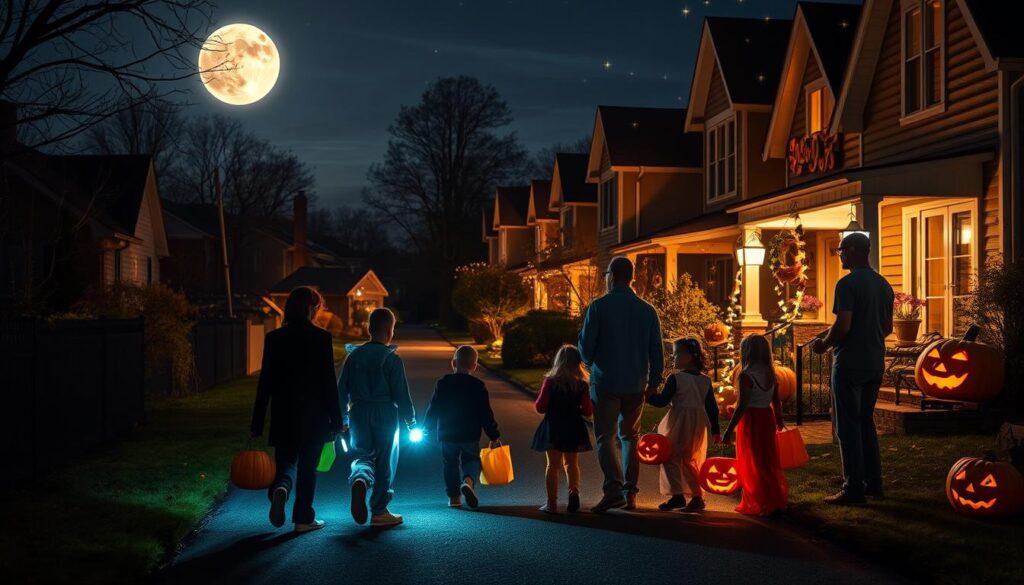 A neighborhood street on a moonlit Halloween night. In the foreground, a group of costumed children approach a well-lit house, their trick-or-treat bags at the ready. In the middle ground, responsible parents escort them, ensuring safety with reflective tape on their costumes and flashlights to guide the way. In the background, carved jack-o'-lanterns and spooky decorations set the festive mood. Soft, warm lighting casts a welcoming glow, while a crescent moon and twinkling stars add to the enchanting atmosphere. The scene conveys the joy and excitement of trick-or-treating, balanced with an emphasis on responsible safety practices.