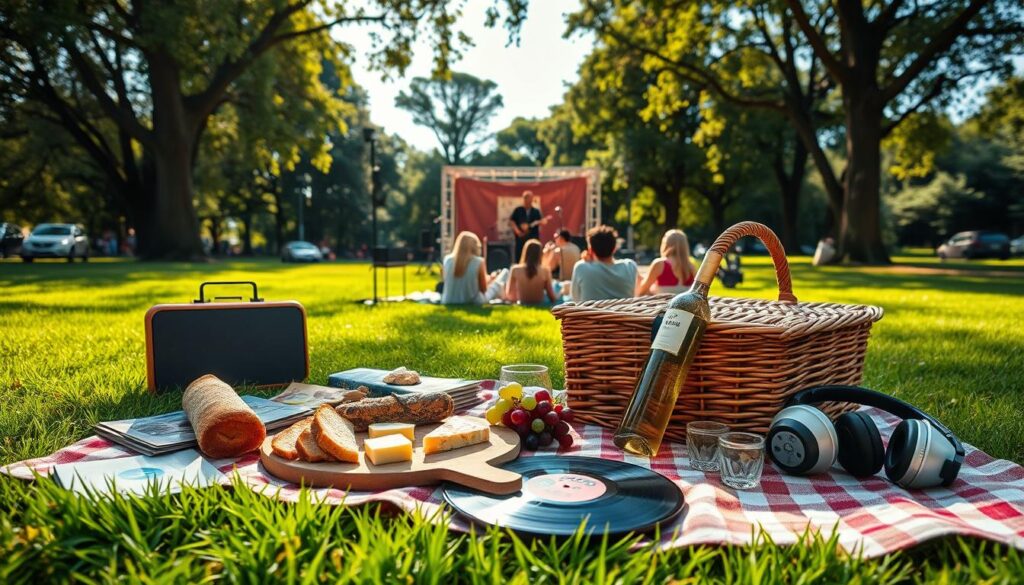 A sun-dappled park scene, with a picnic blanket laid out on the lush grass. In the foreground, a wicker picnic basket overflows with gourmet treats - crusty bread, cheese, grapes, and a bottle of chilled white wine. Surrounding the basket are various music-themed accoutrements: a portable speaker, a stack of vinyl records, and a pair of retro-style headphones. In the middle ground, a group of friends and families recline on the blanket, tapping their feet to the melody of a live band playing on a small stage in the background. Warm, soft lighting filters through the canopy of trees, creating a cozy, laid-back atmosphere perfect for an outdoor music event.