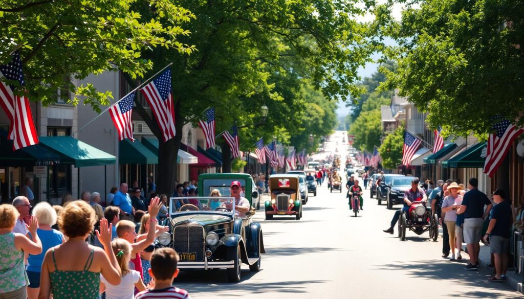 A sun-dappled street in Clarkston, lined with American flags and festive banners, winds its way through a charming small-town setting. In the foreground, families and friends gather, waving and cheering as a colorful parade marches by, featuring vintage cars, marching bands, and costumed performers. Lush green trees and historic buildings frame the scene, creating a warm, nostalgic atmosphere. The parade's route stretches into the distance, offering a glimpse of the community's vibrant 4th of July celebration. A sun-dappled street in Clarkston, lined with American flags and festive banners, winds its way through a charming small-town setting. In the foreground, families and friends gather, waving and cheering as a colorful parade marches by, featuring vintage cars, marching bands, and costumed performers. Lush green trees and historic buildings frame the scene, creating a warm, nostalgic atmosphere. The parade's route stretches into the distance, offering a glimpse of the community's vibrant 4th of July celebration.