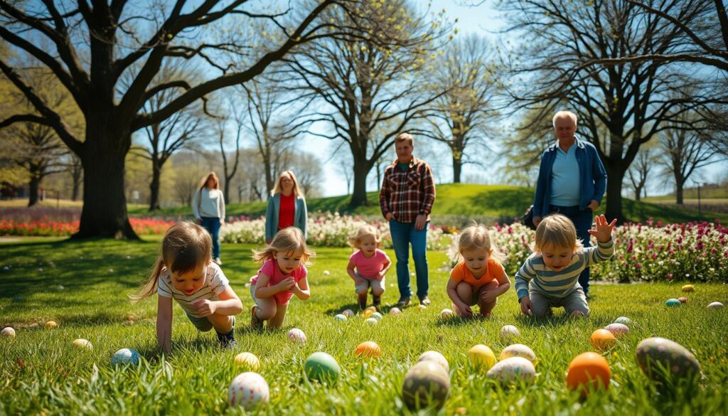 A sunny spring day in a lush park. In the foreground, a group of children eagerly search for colorful Easter eggs, their faces alight with excitement. In the middle ground, parents and guardians keep a watchful eye, ensuring the children's safety as they navigate the grassy terrain. In the background, a picturesque landscape of blooming flowers, towering trees, and a clear blue sky create a serene and inviting atmosphere. The lighting is soft and natural, highlighting the vibrant colors and the sense of joyful adventure. The scene conveys a balanced sense of freedom and responsible oversight, capturing the spirit of a safe and memorable Easter egg hunt. A sunny spring day in a lush park. In the foreground, a group of children eagerly search for colorful Easter eggs, their faces alight with excitement. In the middle ground, parents and guardians keep a watchful eye, ensuring the children's safety as they navigate the grassy terrain. In the background, a picturesque landscape of blooming flowers, towering trees, and a clear blue sky create a serene and inviting atmosphere. The lighting is soft and natural, highlighting the vibrant colors and the sense of joyful adventure. The scene conveys a balanced sense of freedom and responsible oversight, capturing the spirit of a safe and memorable Easter egg hunt.