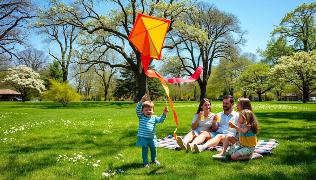 A sunny springtime park scene with a family of four enjoying various outdoor activities. In the foreground, a young boy and girl enthusiastically play with a colorful kite, its billowing fabric soaring against a clear blue sky. In the middle ground, parents relax on a plaid picnic blanket, sipping lemonade and watching their children with warm smiles. Around them, a lush green landscape dotted with blooming flowers and towering trees, creating a tranquil, naturalistic atmosphere. Soft, diffused lighting filters through the canopy, casting a gentle glow on the scene. The overall mood is one of carefree, family-oriented bliss.
