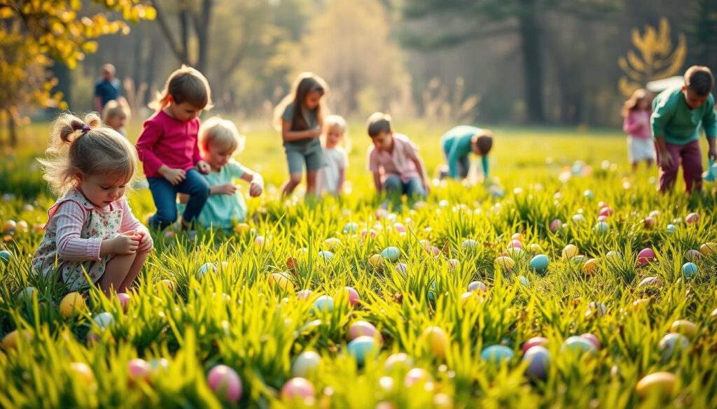 A vibrant and organized Easter egg hunt scene with distinct age group areas. In the foreground, a group of young children, ages 3-6, carefully searching for brightly colored eggs amidst lush, verdant grass. In the middle ground, older children, ages 7-10, excitedly comparing their finds and strategizing their next moves. In the background, a designated area for pre-teens, ages 11-13, meticulously combing through the terrain, their competitive spirit palpable. Diffused natural light casts a warm, golden glow over the scene, creating a sense of whimsy and anticipation. The overall atmosphere is one of joy, community, and friendly rivalry as the different age groups engage in the beloved Easter tradition. A vibrant and organized Easter egg hunt scene with distinct age group areas. In the foreground, a group of young children, ages 3-6, carefully searching for brightly colored eggs amidst lush, verdant grass. In the middle ground, older children, ages 7-10, excitedly comparing their finds and strategizing their next moves. In the background, a designated area for pre-teens, ages 11-13, meticulously combing through the terrain, their competitive spirit palpable. Diffused natural light casts a warm, golden glow over the scene, creating a sense of whimsy and anticipation. The overall atmosphere is one of joy, community, and friendly rivalry as the different age groups engage in the beloved Easter tradition.