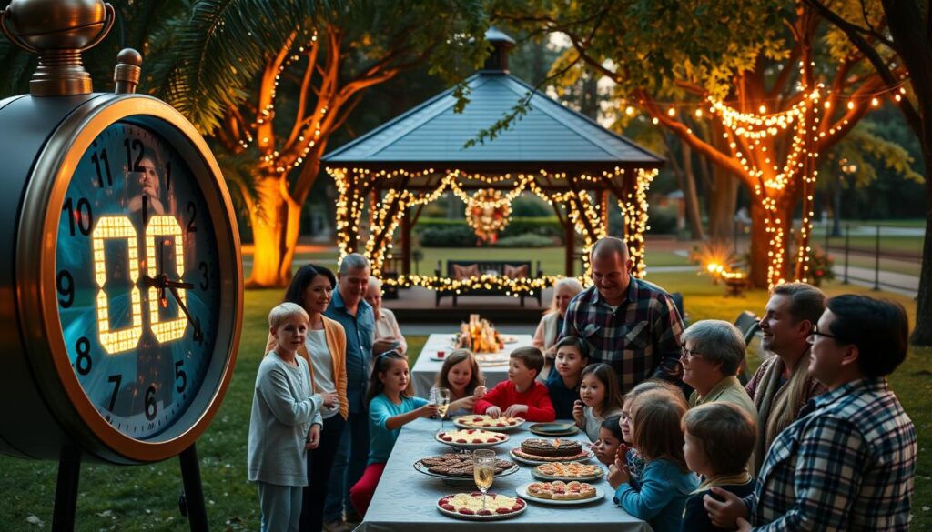 A vibrant, family-friendly countdown schedule for a New Year's celebration in a lush park setting. In the foreground, a large analog clock face with illuminated countdown numbers counts down the final minutes of the old year. Around the clock, cheerful family members of all ages gather, dressed in festive attire, eagerly anticipating the arrival of the new year. In the middle ground, a long table is set with delectable New Year's treats and sparkling beverages. In the background, a beautifully decorated gazebo surrounded by trees and twinkling string lights sets the stage for the impending celebration. Warm, soft lighting bathes the entire scene, creating a cozy, inviting atmosphere.
