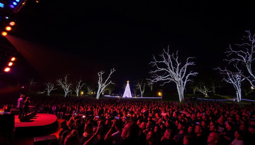 A vibrant night scene of a live performance under the glow of dazzling holiday lights. In the foreground, a lively stage with musicians and dancers captivating the audience, their movements accentuated by warm spotlights and colored floodlights. In the middle ground, a sprawling crowd of spectators watching intently, their faces illuminated by the radiant displays. In the background, a panoramic vista of the park, with towering trees draped in twinkling lights, creating a magical, festive atmosphere. The scene is captured with a wide, cinematic lens, highlighting the scale and energy of the event, and conveying a sense of wonder and celebration.