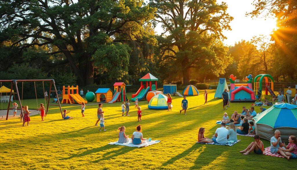 A vibrant summer evening in a bustling kid's zone, bathed in warm golden light. Lush green grass dotted with playful children engaged in various activities - swing sets, slides, sandboxes, and jungle gyms. Colorful tents and inflatable structures dot the landscape, creating a sense of excitement and discovery. In the background, towering trees sway gently, casting dancing shadows on the scene. A mellow mood pervades, with families gathered on picnic blankets, enjoying snacks and lively conversations. The atmosphere is one of carefree joy and community, inviting all to partake in the simple pleasures of an outdoor summertime gathering.