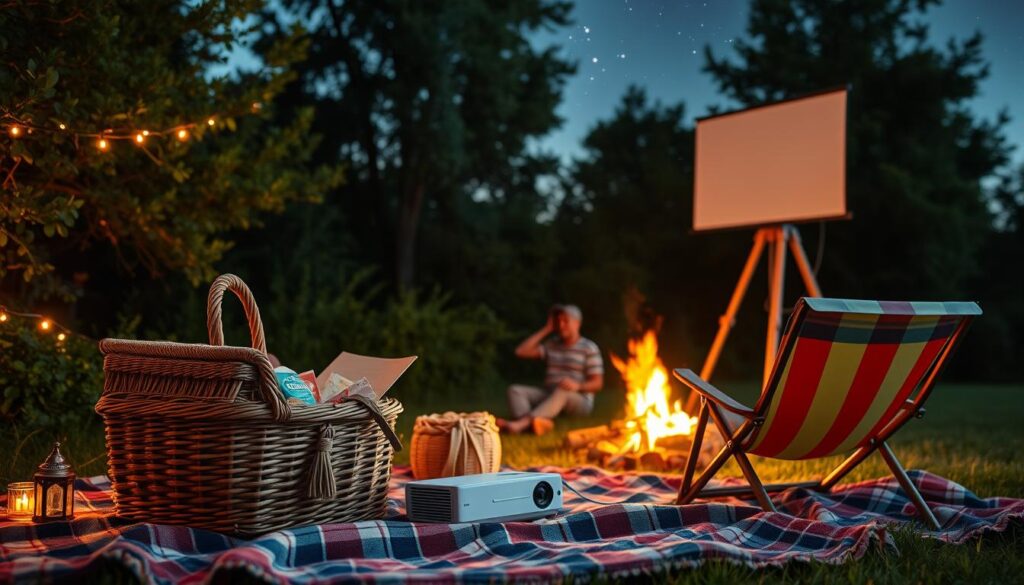 Cozy family movie night essentials under the stars: a vintage-style woven picnic basket filled with snacks, a soft plaid blanket, a pair of retro-inspired lawn chairs, a portable projector, and a white screen hanging from a wooden tripod. Warm ambient lighting from twinkling fairy lights and a crackling campfire in the background set the mood for an immersive outdoor cinema experience. The scene is framed by lush, verdant foliage and a clear starry sky, creating a serene, nature-inspired backdrop.