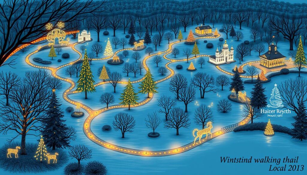 Detailed winter walking trail map of holiday lights displays in Houston's vibrant local parks. Crisp, detailed cartography showcases winding trails, landmarks, and festive light installations. Warm, cozy lighting illuminates the scene, casting a magical glow over the serene landscape. Elegant trees and shrubbery line the pathways, creating a picturesque, family-friendly atmosphere. The map is rendered in a classic, hand-drawn style, inviting visitors to explore the enchanting nighttime wonderland. Minimal text allows the captivating visuals to take center stage, guiding adventurers through this enchanting seasonal wonderland.