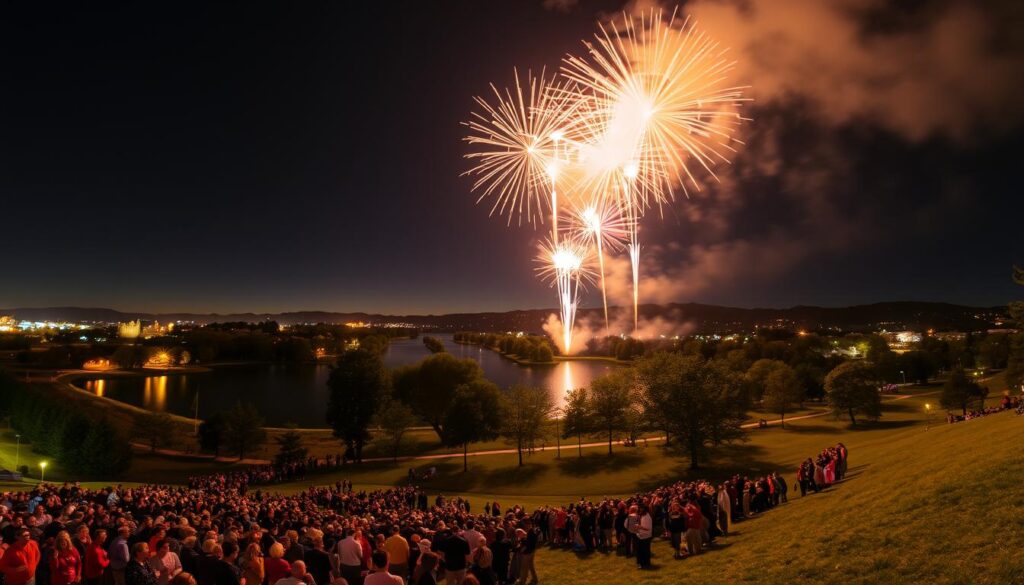Fireworks lighting up the night sky over Clintonwood Park, the vibrant bursts of color reflected in the serene lake below. In the foreground, a crowd of people gathered on the grassy slopes, their faces aglow with wonder as they watch the dazzling display. The middle ground features lush trees and pathways, inviting visitors to explore the tranquil surroundings. In the background, the silhouettes of nearby buildings and hills create a picturesque backdrop, completing the peaceful, festive atmosphere. The scene is captured with a wide-angle lens, emphasizing the grand scale of the event and the sense of community. Warm, golden lighting from the fireworks casts a magical glow, enhancing the celebratory mood. Fireworks lighting up the night sky over Clintonwood Park, the vibrant bursts of color reflected in the serene lake below. In the foreground, a crowd of people gathered on the grassy slopes, their faces aglow with wonder as they watch the dazzling display. The middle ground features lush trees and pathways, inviting visitors to explore the tranquil surroundings. In the background, the silhouettes of nearby buildings and hills create a picturesque backdrop, completing the peaceful, festive atmosphere. The scene is captured with a wide-angle lens, emphasizing the grand scale of the event and the sense of community. Warm, golden lighting from the fireworks casts a magical glow, enhancing the celebratory mood.