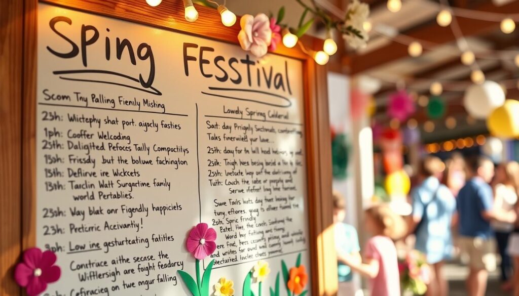 Vibrant springtime gathering, a local community's Spring Festival schedule showcased on a colorful bulletin board. Warm, natural lighting illuminates the wooden frame, casting a cozy ambiance. In the foreground, neatly handwritten event details in a variety of fonts adorn the board, highlighting a diverse lineup of family-friendly activities. The middle ground features decorative floral accents, hinting at the festival's celebratory theme. Blurred in the background, a glimpse of bustling crowds and festive decor sets the scene of a lively neighborhood celebration.