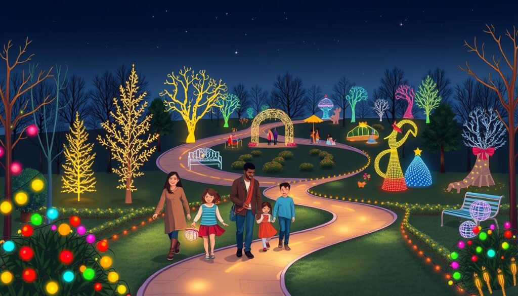 A beautifully illustrated map of a family-friendly light festival walking path, capturing a joyous atmosphere. In the foreground, vibrant holiday lights in various colors twinkle, with families of diverse backgrounds in modest casual clothing happily strolling together along the path. In the middle ground, the winding path is lined with whimsical light displays, such as shimmering trees and dazzling arches, creating a festive ambiance. The background features softly illuminated park features, including benches and playful sculptures adorned with colorful lights, all under a starry night sky. The scene is bathed in warm, inviting light, evoking a cheerful holiday spirit. The map should be clear and easy to read, with distinct path lines guiding viewers through the festival experience, presented with a balanced composition and a slightly elevated perspective.