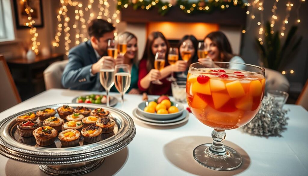 A beautifully set table showcasing a variety of festive New Year's Eve food and drinks, foreground featuring an elegant silver platter with an assortment of colorful appetizers like stuffed mushrooms and miniature quiches, alongside a sparkling punch bowl filled with fruity beverages. In the middle, a family gathered around the table, dressed in smart casual attire, joyfully toasting with sparkling glasses filled with bubbly drinks. In the background, a softly glowing fireplace and twinkling fairy lights create a warm, inviting atmosphere, enhancing the celebration. The scene is lit with soft, warm lighting, capturing the cozy yet festive spirit of a family-friendly New Year’s Eve party, shot from a slightly angled view to add depth and dimension.