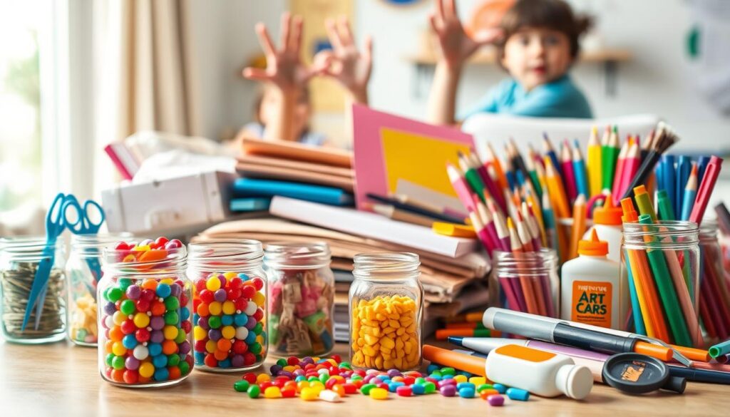 A bright and inviting tabletop scene filled with an assortment of colorful arts and crafts materials for kids. In the foreground, there are jars brimming with vibrant beads, scissor sets with safety tips, and various types of glue. The middle layer showcases a variety of textured papers, paint sets with brushes, and a selection of markers in rainbow hues, creating a playful visual feast. In the background, softly blurred, are children’s hands reaching out to grab materials, adding a sense of excitement and engagement. The lighting is warm and natural, streaming in from a nearby window, casting light on the cheerful chaos of creativity. The overall mood is fun and inspiring, inviting families to explore their artistic side together.