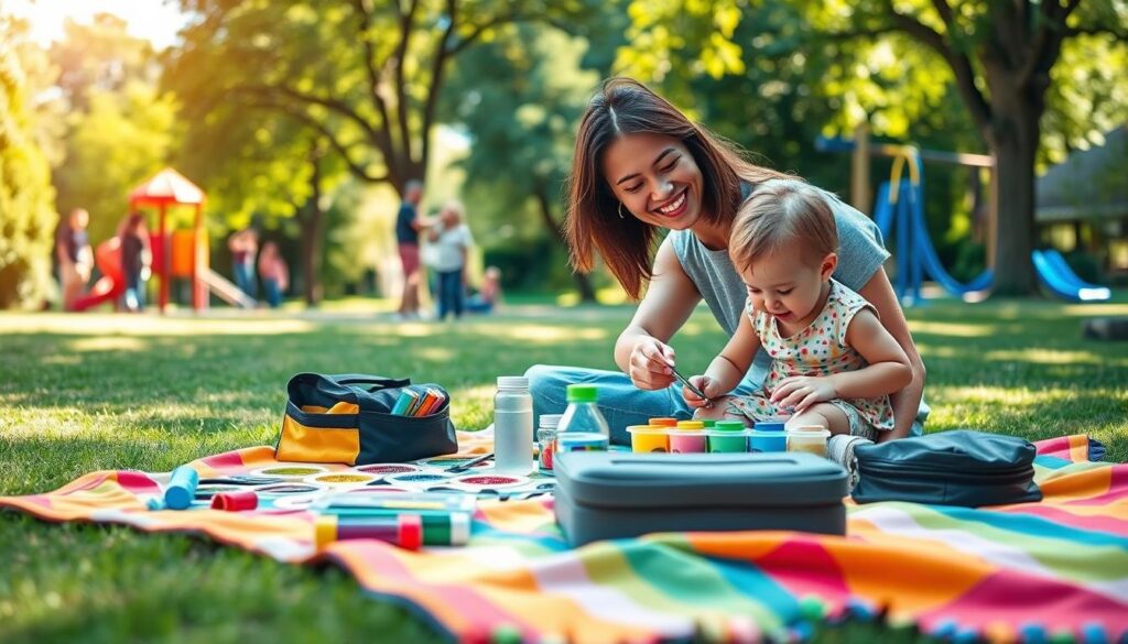 A bright, cheerful park setting featuring a parent and child engaged in a fun activity, such as painting or playing with colorful blocks. In the foreground, a vibrant picnic blanket is spread out with various essentials for a parent-child class: art supplies, a small cooler with snacks, and a water bottle. In the middle ground, the parent, dressed in modest casual clothing, is smiling and guiding the child, who is joyfully experimenting with colors, showcasing the bond and engagement. The background includes lush greenery, playful park equipment, and other families in the distance, capturing a sense of community. The lighting is warm and inviting, suggesting a sunny day, with soft shadows that enhance the friendly atmosphere. The image should be framed with a slight depth of field to focus on the parent and child while still depicting the lively park surroundings.