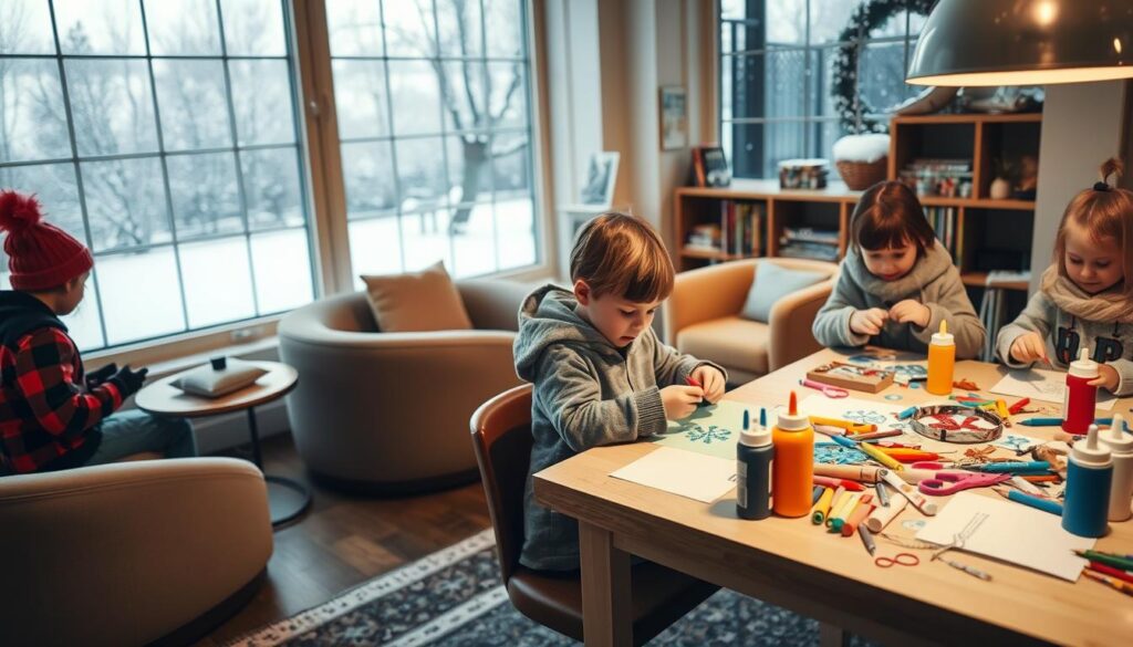 A cozy indoor scene showcasing winter craft activities for families. In the foreground, a well-lit table is filled with colorful crafting supplies like paper, glue, scissors, and markers. Children are engaged in making winter-themed decorations, such as snowflakes and ornaments, wearing warm, casual clothing. In the middle ground, a cozy seating area features plush chairs and a small bookshelf stacked with craft books. The background shows large windows with snow gently falling outside, creating a winter wonderland view. Soft, warm lighting illuminates the room, enhancing the inviting atmosphere. The angle captures both the crafting table and the window view, emphasizing the warmth inside contrasting with the cold outside.