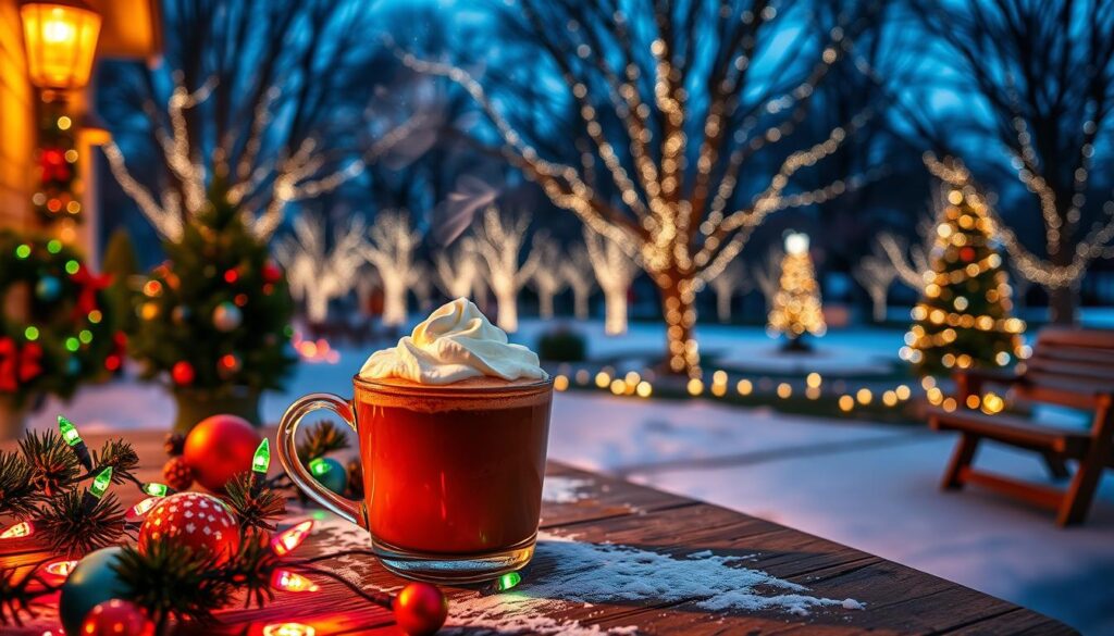 A cozy winter scene featuring a steaming cup of rich hot chocolate topped with whipped cream, set on a rustic wooden table decorated with holiday lights. In the foreground, vibrant holiday decorations, including colorful ornaments and twinkling fairy lights, create a festive atmosphere. The middle ground shows a softly illuminated park in Clarkston, lined with trees draped in dazzling lights, casting a warm glow. In the background, gentle snowflakes fall against a twilight sky, enhancing the magical ambiance. The lighting should be warm and inviting, reminiscent of a welcoming holiday evening. Capture the scene from a slightly elevated angle, focusing on the delicious hot cocoa while showcasing the enchanting holiday lights that define Clarkston's sparkling parks.