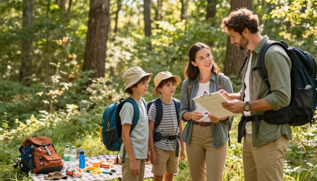 A family of four, including two children and their parents, preparing for a hike in a lush forest setting in Clarkston. In the foreground, the parents check off a list on a clipboard, wearing comfortable outdoor apparel, while the children, equipped with lightweight backpacks and hats, look excited. The middle ground shows a picnic-style setup with water bottles, snack packs, and hiking gear spread out on a blanket. In the background, tall, green trees with dappled sunlight filtering through create a serene atmosphere. The warm, golden hour lighting adds a cheerful, anticipatory mood, capturing the essence of adventure and safety preparation before embarking on a family hike.