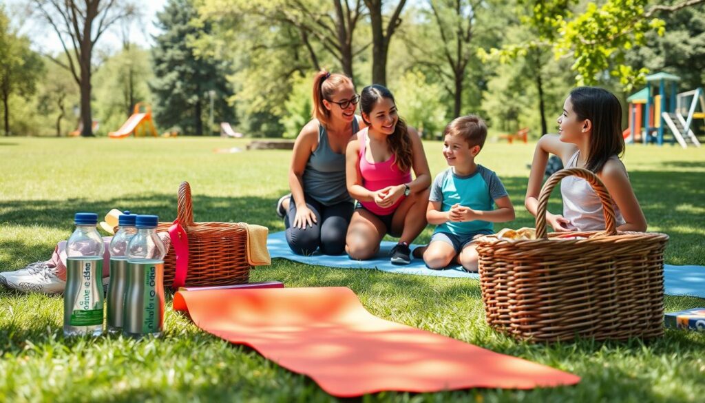 A family preparing for a fitness day in a sunny Clarkston park, showcasing essential gear laid out in a picturesque setting. In the foreground, a colorful yoga mat, water bottles, and a picnic basket filled with healthy snacks are spread out on the grass. In the middle, a group of four diverse family members in modest athletic clothing—two adults and two children—are engaged in a cheerful discussion, with smiles and a sense of excitement. In the background, lush greenery and playground equipment can be seen, hinting at an inviting park atmosphere. Bright, natural lighting enhances the lively colors, capturing a sense of warmth and vitality. The angle is slightly elevated, providing a comprehensive view of the family and their fitness essentials while maintaining a welcoming, active vibe. A family preparing for a fitness day in a sunny Clarkston park, showcasing essential gear laid out in a picturesque setting. In the foreground, a colorful yoga mat, water bottles, and a picnic basket filled with healthy snacks are spread out on the grass. In the middle, a group of four diverse family members in modest athletic clothing—two adults and two children—are engaged in a cheerful discussion, with smiles and a sense of excitement. In the background, lush greenery and playground equipment can be seen, hinting at an inviting park atmosphere. Bright, natural lighting enhances the lively colors, capturing a sense of warmth and vitality. The angle is slightly elevated, providing a comprehensive view of the family and their fitness essentials while maintaining a welcoming, active vibe.