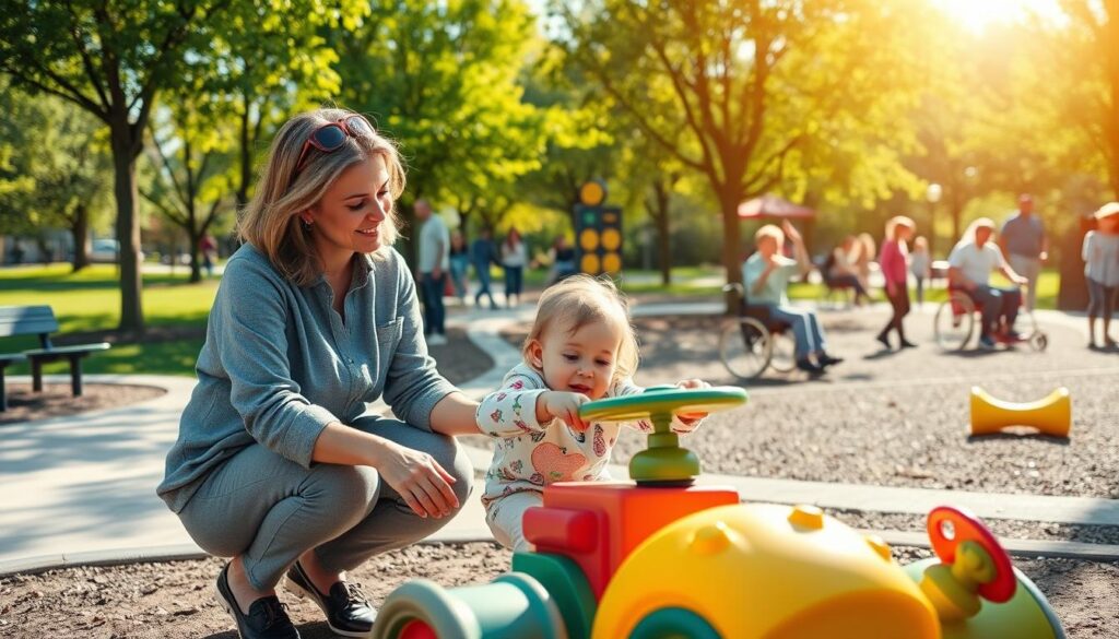 A heartwarming scene depicting a mother and her young child, both enjoying a sunny day in a well-equipped, accessible park in Clarkston. In the foreground, the mother, dressed in comfortable, modest casual clothing, is kneeling beside her child, who is excitedly playing with accessible toys designed for various abilities. The middle ground showcases a variety of accessible park features, like wide pathways, gentle ramps, and inclusive play equipment. In the background, vibrant green trees and happy families enjoying the park create a joyful atmosphere. The lighting is bright and cheerful, reminiscent of a warm afternoon, capturing the essence of family bonding through play. The composition should be inviting and inspiring, inviting viewers to embrace the concept of inclusivity in shared recreational spaces.