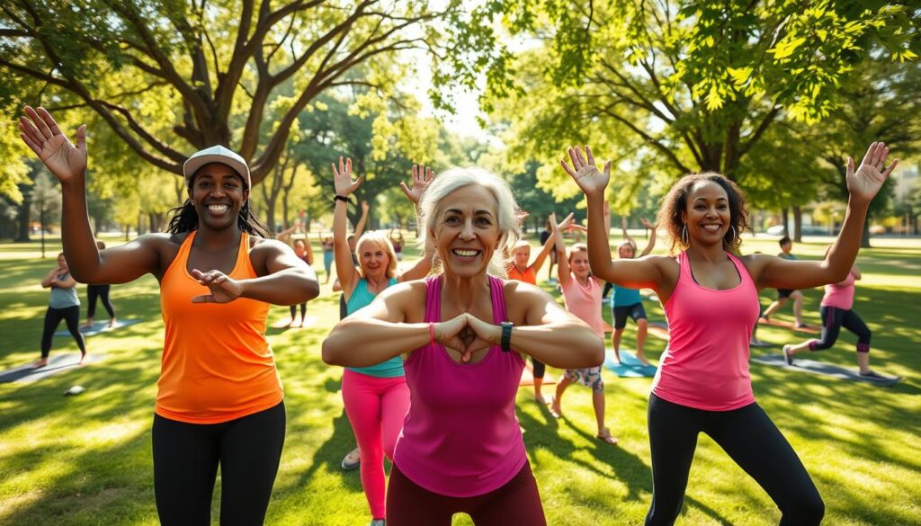 A lively family fitness class in a sunny park in Clarkston, featuring diverse instructors leading energetic exercises. In the foreground, three instructors of different ethnicities, wearing bright athletic wear, demonstrate various fitness poses, exuding enthusiasm and friendliness. In the middle background, families of all ages participate in activities such as yoga and group stretches, showcasing togetherness and health. Soft sunlight filters through leafy trees, creating a warm, inviting atmosphere with vibrant green grass underfoot. The scene is framed with a wide-angle view to capture the joyful expressions of participants and instructors alike. The overall mood is uplifting and motivated, reflecting a community dedicated to wellness and active living. A lively family fitness class in a sunny park in Clarkston, featuring diverse instructors leading energetic exercises. In the foreground, three instructors of different ethnicities, wearing bright athletic wear, demonstrate various fitness poses, exuding enthusiasm and friendliness. In the middle background, families of all ages participate in activities such as yoga and group stretches, showcasing togetherness and health. Soft sunlight filters through leafy trees, creating a warm, inviting atmosphere with vibrant green grass underfoot. The scene is framed with a wide-angle view to capture the joyful expressions of participants and instructors alike. The overall mood is uplifting and motivated, reflecting a community dedicated to wellness and active living.