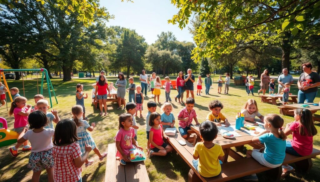 A lively preschool park scene during an outdoor event, featuring young children aged 3-5 engaged in various activities such as playing on colorful swings, climbing on a jungle gym, and participating in a small group art project on picnic tables. In the foreground, a diverse group of children dressed in bright, casual clothing joyfully interact, surrounded by vibrant toys and art supplies. The middle ground showcases parents in modest, casual attire watching and encouraging their children, creating a supportive atmosphere. The background includes lush green trees and a clear blue sky, with warm sunlight filtering through leaves, casting playful shadows. The mood is cheerful and inviting, emphasizing community and early childhood development. Capture this scene using a wide-angle lens for a comprehensive view.