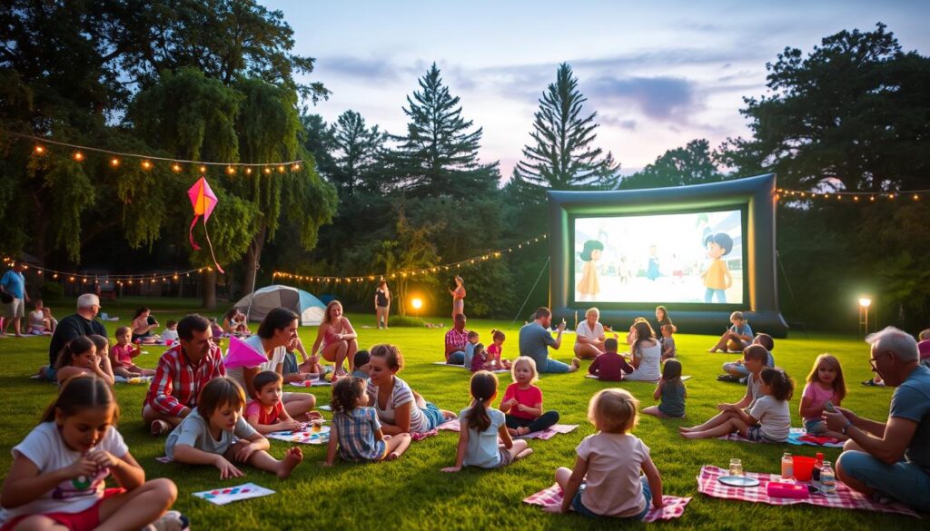 A lively scene depicting a family-friendly outdoor movie night in Clarkston. In the foreground, a group of smiling families of diverse backgrounds participate in fun activities, such as playing games and enjoying picnic snacks on a bright green lawn. Some children are flying kites, while others are painting, creating a joyful atmosphere. In the middle ground, a large inflatable screen displays a colorful movie scene, surrounded by comfortable blankets and picnic setups. The background features tall trees under a twilight sky, with soft twinkling fairy lights strung across the branches. The lighting is warm and inviting, capturing the essence of a community gathering. The mood is cheerful and relaxed, with families bonding and creating memories before the show begins.