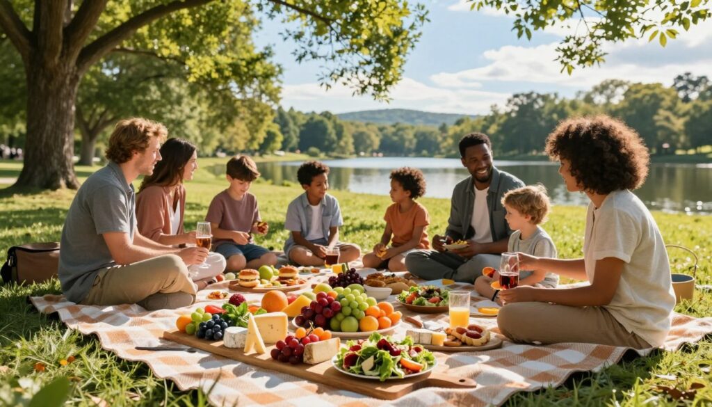 A picturesque picnic scene at a beautiful Clarkston park, showcasing a gourmet picnic set-up on a checkered blanket. In the foreground, a vibrant spread of fresh, colorful fruits, artisanal cheeses, and hearty salads arranged artistically on wooden serving boards. In the middle ground, families and friends of diverse backgrounds casually enjoying the meal, dressed in modest, casual clothing, laughing and sharing moments. The background features lush green trees, a serene lake reflecting blue skies, and gentle hills. Soft, golden sunlight filters through the leaves, creating a warm, inviting atmosphere. The angle is slightly elevated, capturing the comprehensive essence of a perfect picnic day, with a focus on health and togetherness in nature.