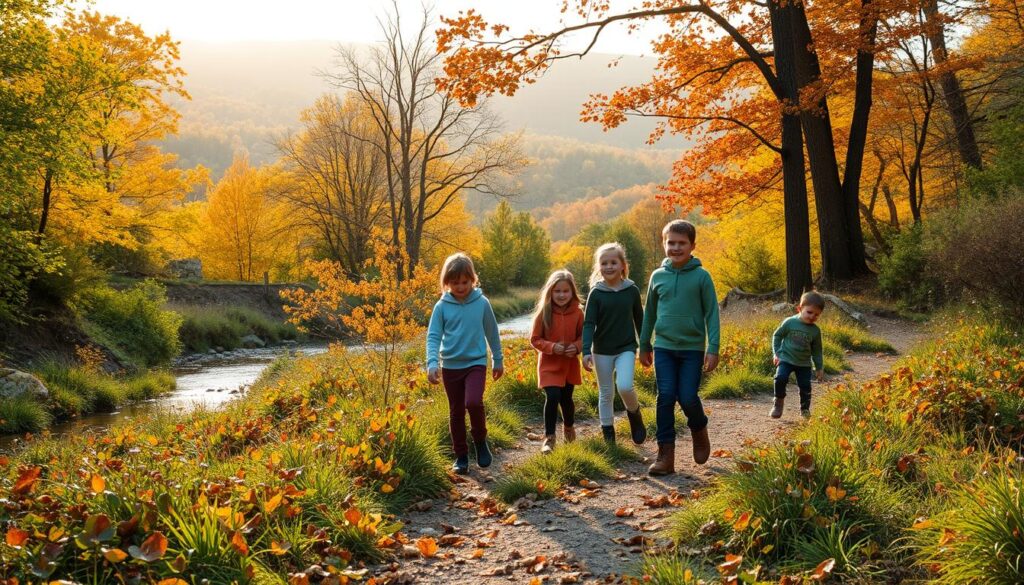A picturesque seasonal nature walk in Clarkston, showcasing lush greenery and vibrant fall foliage. In the foreground, a well-maintained trail lined with colorful leaves leads through a forest, inviting families to explore. In the middle ground, children in modest casual clothing are joyfully observing the environment, such as a flowing stream or a variety of wildflowers. Their expressions reflect wonder and curiosity. In the background, gentle hills and trees are bathed in warm, golden sunlight, creating an inviting atmosphere. The scene is captured during the golden hour, with soft, diffused lighting enhancing the natural colors and creating a serene mood. A panoramic view, slightly elevated, emphasizes the beauty of the surroundings while maintaining focus on the joyful exploration of nature.
