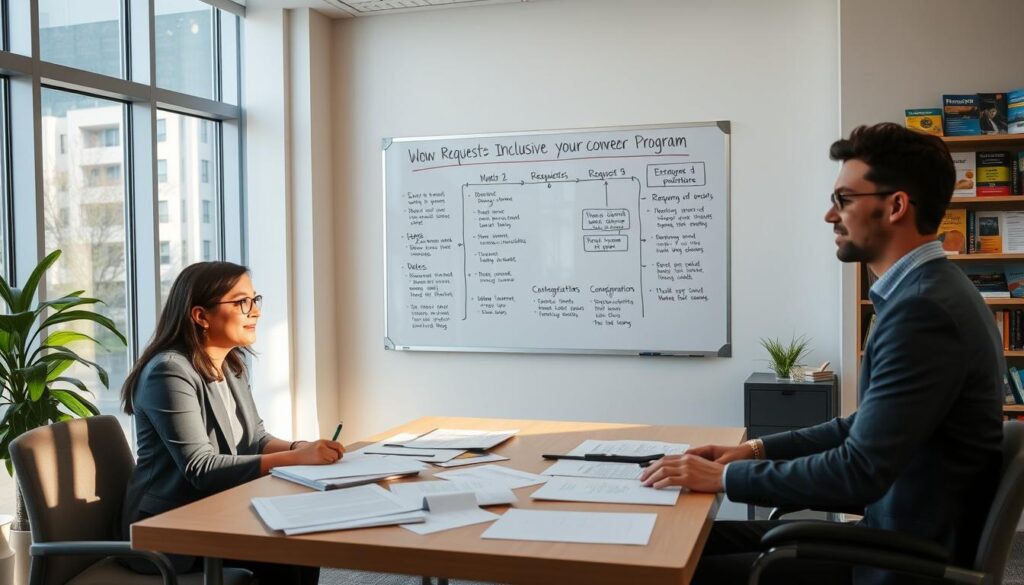A scene illustrating the process for requesting inclusive program accommodations, set in a welcoming office environment. In the foreground, a diverse group of individuals—one woman wearing a business suit, a man in smart-casual attire, and a young adult with a visible disability—are engaged in discussion around a table with papers and forms scattered. The middle ground showcases a large whiteboard with flowcharts and steps for the request process clearly outlined, emphasizing clarity and accessibility. Soft, natural lighting streams in from large windows, creating a warm and inviting atmosphere. The background features shelves filled with colorful brochures and information on family programs, enhancing the sense of resourcefulness and support. The overall mood is professional yet approachable, conveying an atmosphere of partnership and encouragement. A scene illustrating the process for requesting inclusive program accommodations, set in a welcoming office environment. In the foreground, a diverse group of individuals—one woman wearing a business suit, a man in smart-casual attire, and a young adult with a visible disability—are engaged in discussion around a table with papers and forms scattered. The middle ground showcases a large whiteboard with flowcharts and steps for the request process clearly outlined, emphasizing clarity and accessibility. Soft, natural lighting streams in from large windows, creating a warm and inviting atmosphere. The background features shelves filled with colorful brochures and information on family programs, enhancing the sense of resourcefulness and support. The overall mood is professional yet approachable, conveying an atmosphere of partnership and encouragement.