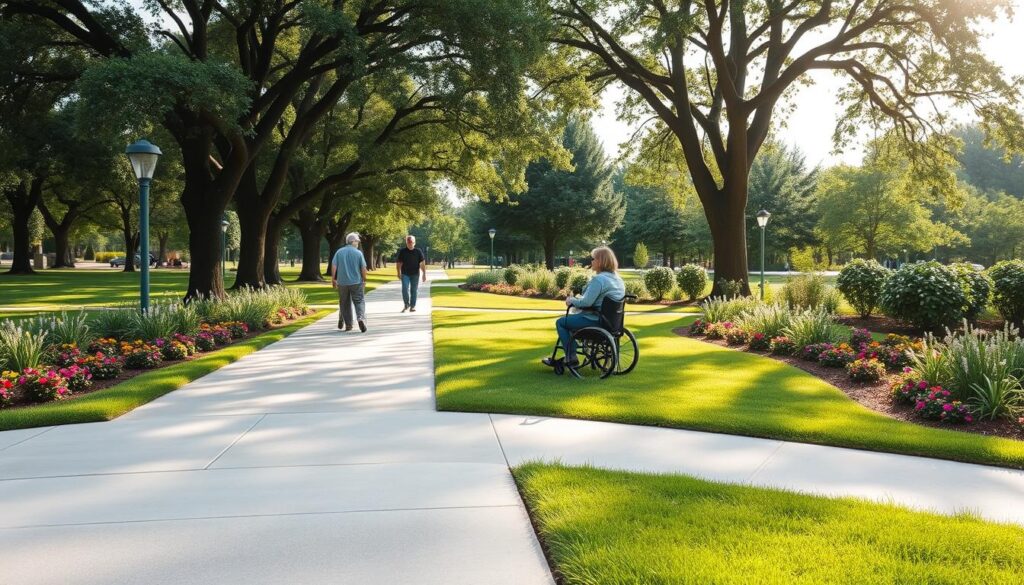 A serene ADA accessible park pathway designed with wide, smooth surfaces suitable for strollers and wheelchairs. In the foreground, include a gently sloping ramp leading into the pathway, flanked by vibrant green grass and colorful flower beds. In the middle ground, depict families enjoying the park: a parent with a stroller and another in a wheelchair, both navigating the path effortlessly. The background features mature trees providing shade and soft sunlight filtering through the leaves, casting dappled shadows on the ground. The scene captures a warm, inviting atmosphere, emphasizing inclusivity and comfort. The angle should be slightly elevated, showcasing the layout of the pathways and their accessibility features, with a focus on the harmonious blend of nature and design. A serene ADA accessible park pathway designed with wide, smooth surfaces suitable for strollers and wheelchairs. In the foreground, include a gently sloping ramp leading into the pathway, flanked by vibrant green grass and colorful flower beds. In the middle ground, depict families enjoying the park: a parent with a stroller and another in a wheelchair, both navigating the path effortlessly. The background features mature trees providing shade and soft sunlight filtering through the leaves, casting dappled shadows on the ground. The scene captures a warm, inviting atmosphere, emphasizing inclusivity and comfort. The angle should be slightly elevated, showcasing the layout of the pathways and their accessibility features, with a focus on the harmonious blend of nature and design.