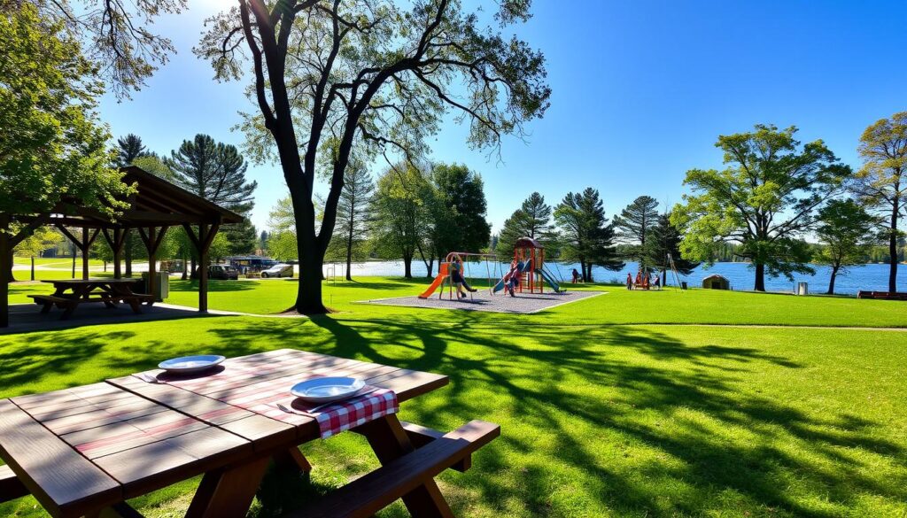 A serene Clarkston playground scene, showcasing well-maintained picnic amenities under a bright blue sky. In the foreground, a sturdy wooden picnic table, elegantly set with a checkered tablecloth, plates, and cutlery, ready for a family gathering. Nearby, a covered shelter provides shade, supported by rustic wooden beams, inviting families to enjoy their meals outdoors. In the middle ground, vibrant green grass surrounds the playground, filled with children playing on swings and slides, evoking joy and laughter. The background features tall trees and a distant view of a sparkling lake, enhancing the tranquil atmosphere. Soft sunlight filters through the leaves, casting gentle shadows, capturing a warm and inviting essence.