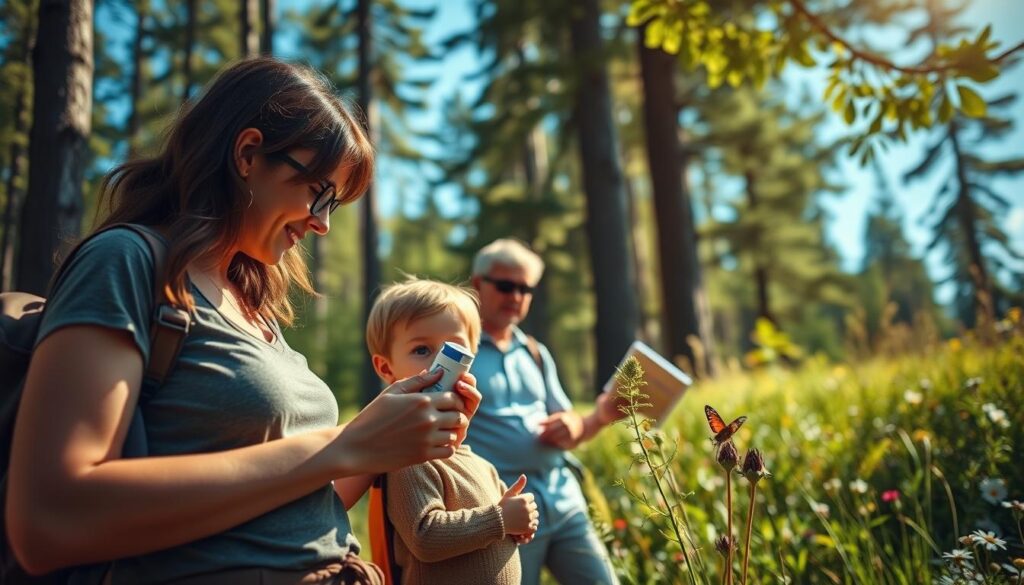 A serene family hike in a lush forest setting, focusing on bug safety for outdoor adventures. In the foreground, a mother wearing modest casual clothing is applying insect repellent to her child, who looks excited and curious. In the middle ground, a father observing nearby plants, pointing out safe areas while holding a bug guide. The background features tall trees, wildflowers, and a clear blue sky, creating an inviting atmosphere. Soft, warm sunlight filters through the leaves, enhancing details with a slightly blurred bokeh effect for depth. The scene captures a joyful and safe exploration of nature, emphasizing the importance of bug safety during family hikes.