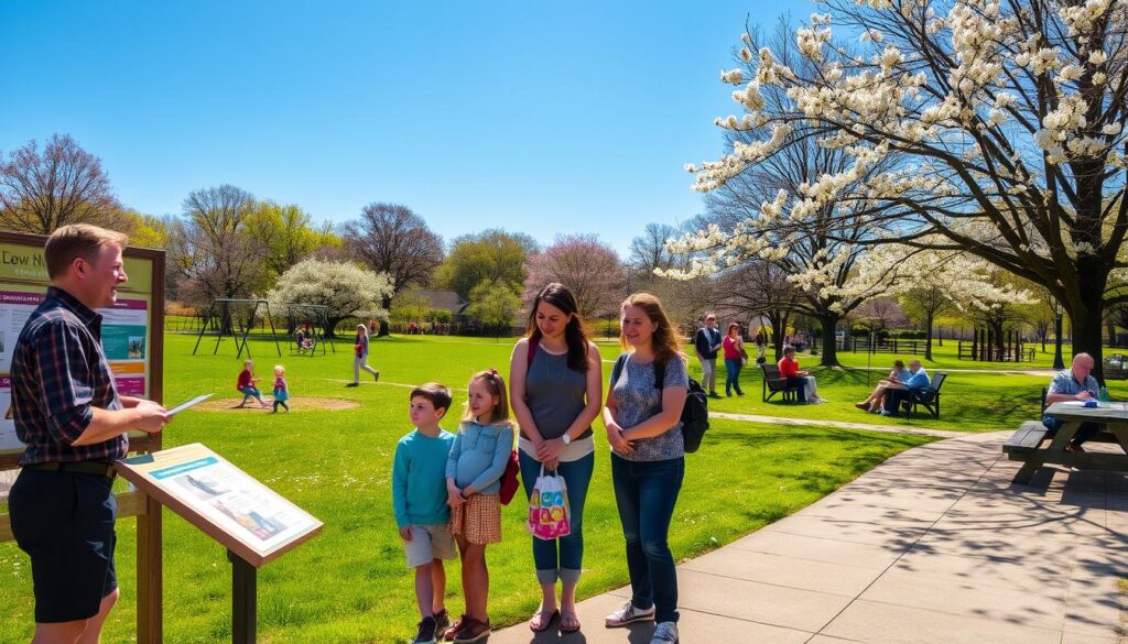 A serene park registration scene set in a vibrant Clarkston park during spring. In the foreground, a friendly park staff member wearing smart casual clothing is assisting a family of four, including two children, in front of an information kiosk adorned with colorful flyers about activities. The middle ground showcases families enjoying various park activities: kids playing on swings, a couple walking their dog, and a group picnicking under blossoming trees. The background features lush green grass and blooming flowers under a clear blue sky, illuminated by warm sunlight creating an inviting and cheerful atmosphere. The camera angle is slightly elevated, capturing both the bustling activity and the calm beauty of the park setting.