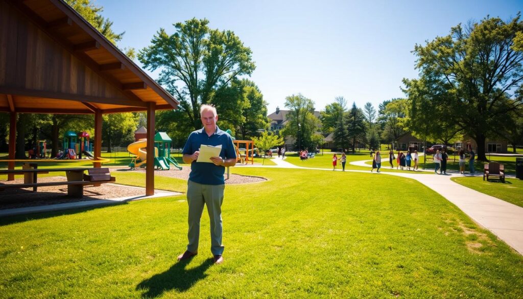 A serene park setting in Clarkston, featuring a sun-drenched area where families gather. In the foreground, there is a grassy space with a large wooden picnic shelter, surrounded by colorful kids' playground equipment. Two adults in modest casual clothing are reviewing a clipboard and discussing permit requirements for park usage. In the middle ground, a marked pathway leads to restrooms clearly visible, blending naturally with the greenery. The background showcases tall trees filtering soft sunlight and a few distant family gatherings, emphasizing community and leisure. The atmosphere is warm and inviting, with a clear blue sky overhead. The scene is photographed from a slightly elevated angle, capturing the essence of family-friendly park activities while highlighting the importance of permits. A serene park setting in Clarkston, featuring a sun-drenched area where families gather. In the foreground, there is a grassy space with a large wooden picnic shelter, surrounded by colorful kids' playground equipment. Two adults in modest casual clothing are reviewing a clipboard and discussing permit requirements for park usage. In the middle ground, a marked pathway leads to restrooms clearly visible, blending naturally with the greenery. The background showcases tall trees filtering soft sunlight and a few distant family gatherings, emphasizing community and leisure. The atmosphere is warm and inviting, with a clear blue sky overhead. The scene is photographed from a slightly elevated angle, capturing the essence of family-friendly park activities while highlighting the importance of permits.