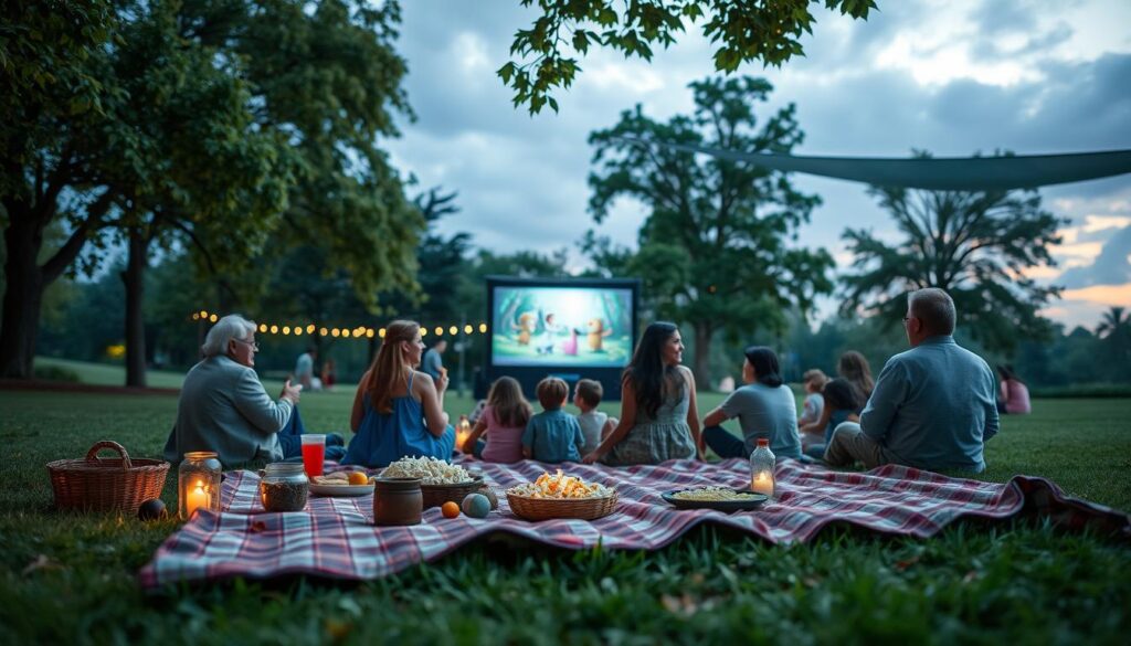 A serene park setting on a cloudy evening, showcasing a family-friendly outdoor cinema setup. In the foreground, a cozy blanket spread over the grass with a well-organized picnic area featuring snacks like popcorn and drinks. In the middle ground, a large projector screen displays a whimsical movie scene with soft, ambient lighting illuminating the area. Families of diverse backgrounds, dressed in modest casual attire, are seen enjoying the movie experience, with children laughing and playing. The background features lush green trees swaying gently, with hints of an overhead tarp for potential rain contingencies. Soft, twilight lighting casts a warm glow, evoking a harmonious and inviting atmosphere ideal for community enjoyment. Capture the scene from a slightly elevated angle to emphasize the gathering and the movie screen under the evening sky, creating a sense of togetherness and anticipation.