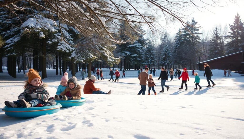 A serene winter scene in Clarkston, showcasing a snowy park bustling with winter activities. In the foreground, families with children dressed in warm, colorful winter attire are sledding down a hill, laughter in the air. In the middle-ground, a small ice rink is filled with children and adults skating, some helping each other as they glide across the glistening ice. Snow-dusted pine trees frame the background, creating a picturesque winter landscape against a clear sky. Soft, diffused sunlight filters through the branches, casting gentle shadows on the snow. The atmosphere is joyful and inviting, capturing the essence of winter fun while reflecting the community’s weather policies that allow for safe enjoyment of outdoor activities.
