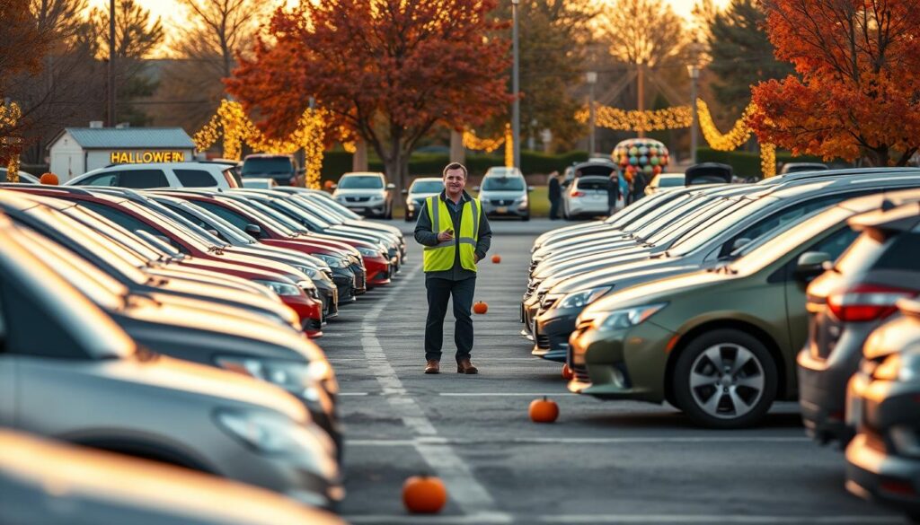 A vibrant Halloween scene depicting the parking strategies for the "Halloween in the Park" event. In the foreground, a well-organized parking lot filled with cars of various sizes and colors, adorned with small pumpkins and Halloween decorations. In the middle ground, a friendly parking attendant in a reflective vest guides families who are arriving in modest casual clothing, directing traffic with a smile. The background shows a beautifully decorated park with festive lights and colorful autumn leaves, highlighting the cheerful atmosphere of the event. Soft, warm lighting creates an inviting ambiance, while a clear sunset casts gentle shadows, emphasizing a sense of community and safety. Use a wide-angle lens to capture the entire scene from a slightly elevated perspective, creating a sense of depth and organization. A vibrant Halloween scene depicting the parking strategies for the "Halloween in the Park" event. In the foreground, a well-organized parking lot filled with cars of various sizes and colors, adorned with small pumpkins and Halloween decorations. In the middle ground, a friendly parking attendant in a reflective vest guides families who are arriving in modest casual clothing, directing traffic with a smile. The background shows a beautifully decorated park with festive lights and colorful autumn leaves, highlighting the cheerful atmosphere of the event. Soft, warm lighting creates an inviting ambiance, while a clear sunset casts gentle shadows, emphasizing a sense of community and safety. Use a wide-angle lens to capture the entire scene from a slightly elevated perspective, creating a sense of depth and organization.
