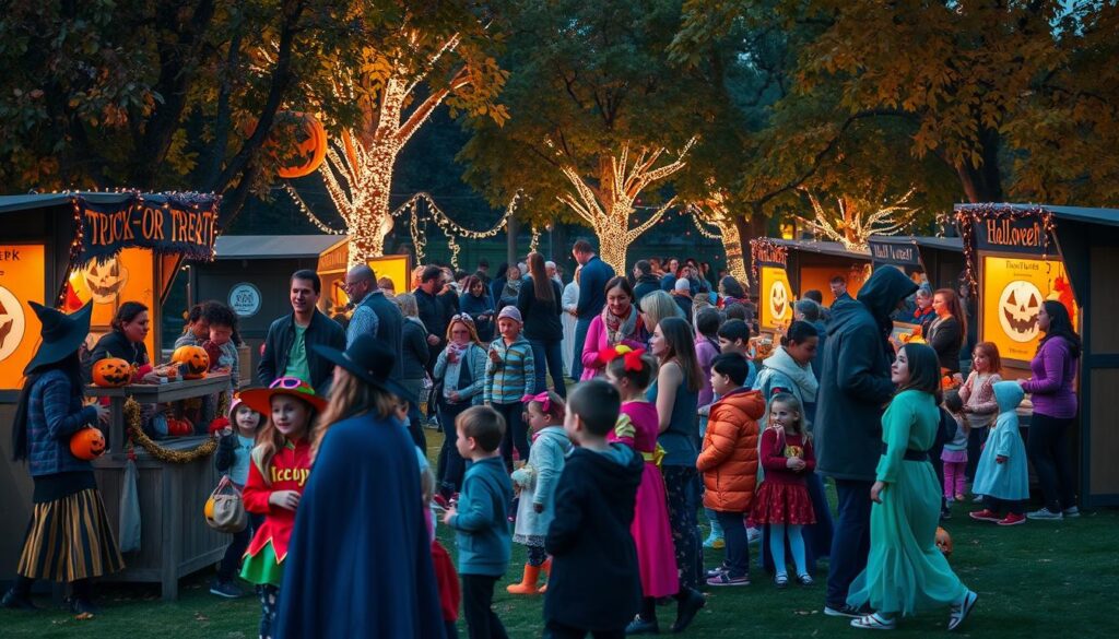 A vibrant Halloween scene in a park filled with families and children enjoying designated trick-or-treat zones. In the foreground, children in colorful costumes, such as witches, ghosts, and superheroes, are joyfully collecting candy from decorated booths, displaying pumpkins and playful decorations. In the middle ground, families engage in festive activities, with adults wearing cozy autumn clothing, supervising their children. The background features lush trees adorned with glowing jack-o'-lanterns and fairy lights, creating a magical atmosphere. The scene captures the essence of community spirit and fun, illuminated by warm, soft evening lighting, enhancing the cheerful and spooky mood of Halloween. The angle is slightly elevated, offering a panoramic view of the park, emphasizing the lively interactions and festive decorations. A vibrant Halloween scene in a park filled with families and children enjoying designated trick-or-treat zones. In the foreground, children in colorful costumes, such as witches, ghosts, and superheroes, are joyfully collecting candy from decorated booths, displaying pumpkins and playful decorations. In the middle ground, families engage in festive activities, with adults wearing cozy autumn clothing, supervising their children. The background features lush trees adorned with glowing jack-o'-lanterns and fairy lights, creating a magical atmosphere. The scene captures the essence of community spirit and fun, illuminated by warm, soft evening lighting, enhancing the cheerful and spooky mood of Halloween. The angle is slightly elevated, offering a panoramic view of the park, emphasizing the lively interactions and festive decorations.