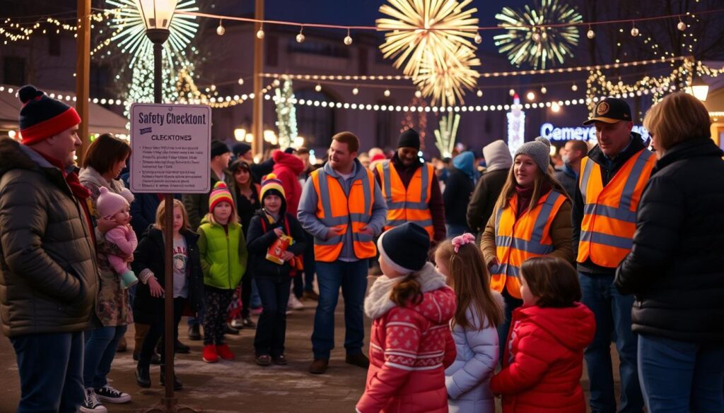 A vibrant and engaging outdoor scene depicting a family-friendly New Year's Eve celebration in Clarkston, focusing on safety protocols. In the foreground, a diverse group of adults and children dressed in festive winter clothing, standing near a clearly marked safety checkpoint, displaying family orientation and teamwork. In the middle ground, volunteers in bright vests are guiding families toward designated areas, with visible safety signs and lost child procedures clearly outlined. The background features cheerful decorations, softly glowing lights, and a hint of fireworks in the night sky, creating a festive atmosphere. The image is well-lit, emphasizing warmth and safety, captured from a slightly elevated angle to encompass both the crowd and the vibrant surroundings, evoking a sense of community and joy for the New Year's Eve countdown.