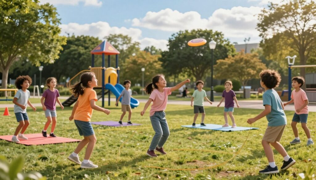 A vibrant and engaging park scene showcasing children participating in various fun exercises. In the foreground, a group of kids, dressed in colorful, modest sports attire, are happily engaging in activities like jumping rope, playing tag, and tossing a frisbee. Their expressions are filled with joy and energy. In the middle, a grassy area with playground equipment and exercise mats sets the stage for various games. In the background, soft trees and a bright blue sky with fluffy clouds create a cheerful atmosphere. The lighting is warm and inviting, suggesting a sunny afternoon. The angle captures the action, immersing viewers in the lively spirit of outdoor play and active living.