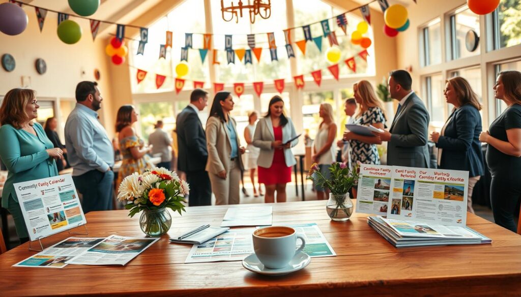A vibrant and inviting scene depicting a community event calendar for Clarkston. In the foreground, a large wooden table displays colorful flyers and brochures for upcoming family events, including festivals, workshops, and outdoor activities. Scattered on the table are fresh flowers and a steaming cup of coffee, adding a warm touch. In the middle ground, a diverse group of people—dressed in smart casual attire—are engaged in lively discussions while reviewing the event materials. The background features a beautifully decorated community center with banners and balloons, bathed in warm afternoon sunlight filtering through large windows. The atmosphere is cheerful and collaborative, conveying a sense of community engagement and excitement about future events. The image captures a blend of active participation and the spirit of togetherness.
