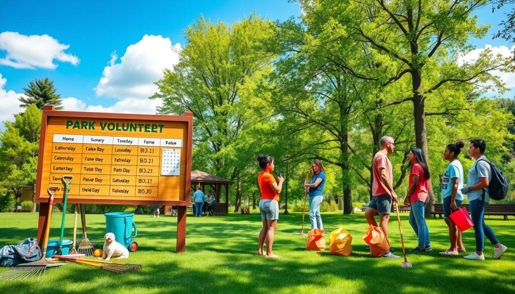 A vibrant and organized park volunteer cleanup schedule displayed on a large wooden notice board in a lush green park setting. The foreground features neatly arranged tools like rakes, trash bags, and gloves. In the middle, volunteers of diverse backgrounds, dressed in modest casual clothing, eagerly jot down their names on the schedule, showcasing smiles and enthusiasm. The background includes tall trees and a bright blue sky with fluffy white clouds, creating a cheerful atmosphere. Soft sunlight filters through the leaves, casting gentle shadows on the ground, enhancing the sense of community and togetherness. The overall mood is inviting and motivational, inspiring viewers to participate in family volunteer days.