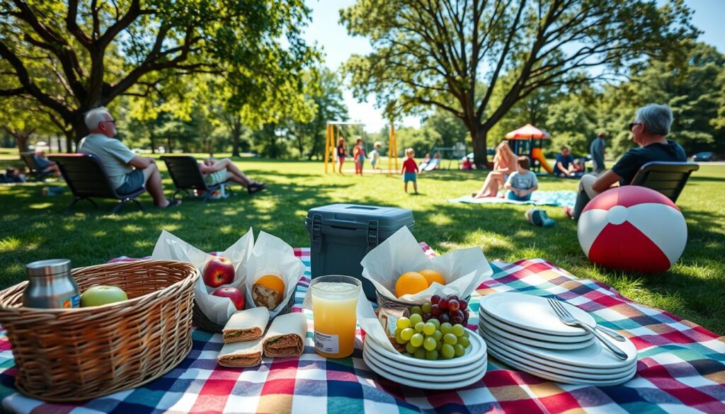 A vibrant and organized picnic setup at a Clarkston playground during a sunny day. In the foreground, a checkered picnic blanket is spread out featuring a colorful assortment of packed essentials: a basket filled with fresh fruits like apples and grapes, sandwiches wrapped in biodegradable paper, and a thermos of lemonade. A set of reusable plates and utensils are neatly arranged beside a cooler and a playful beach ball. In the middle ground, children are joyfully playing on swings and slides, while parents relax nearby, engaging in light conversation. The background depicts a lush green park with trees providing dappled sunlight, people picnicking under their own shade, and a bright blue sky. The atmosphere feels cheerful and inviting, embodying a perfect family day out.