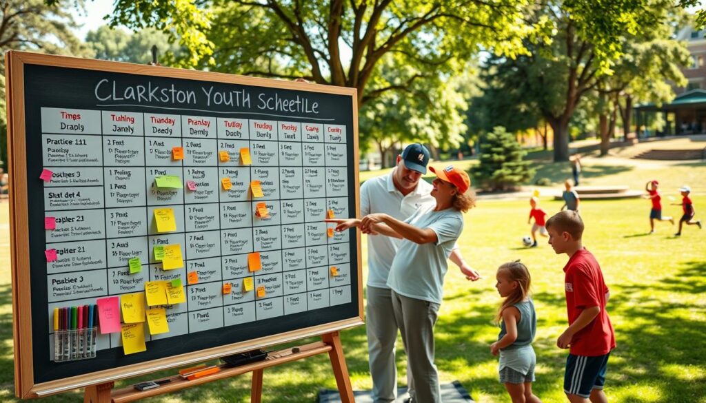 A vibrant and organized scene depicting a Clarkston youth sports scheduling board, centrally displayed on a large chalkboard or whiteboard. In the foreground, a neatly arranged set of schedules with colorful markers and sticky notes indicating practice times and game dates. The middle section features enthusiastic parents and coaches in modest casual clothing collaboratively discussing the schedule, pointing at various time slots. The background shows a sunny park setting with young athletes practicing soccer and baseball, adding energy to the scene. Natural sunlight filters through the trees, creating a warm atmosphere that conveys community spirit and excitement. The image captures the essence of teamwork and planning in youth sports, emphasizing the importance of practice and game schedules in a friendly and engaging environment.