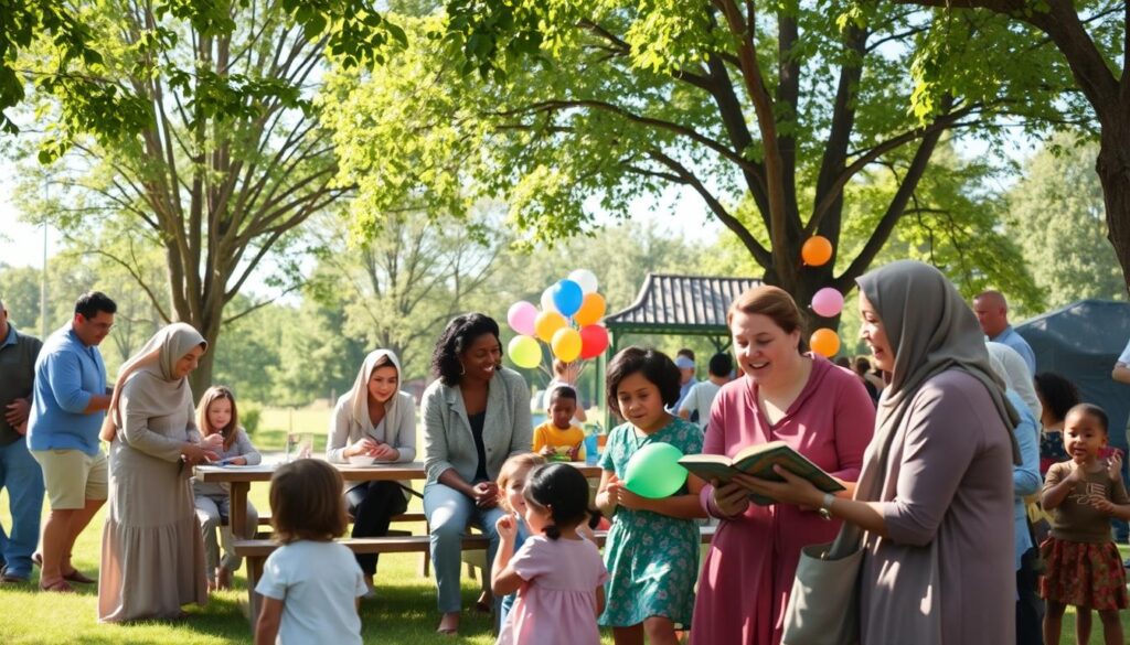 A vibrant community gathering in Clarkston showcasing families enjoying various activities. In the foreground, a diverse group of parents and children, dressed in casual, modest clothing, are engaged in storytelling and laughter. The middle ground features a cozy park setting with picnic tables, colorful balloons, and playful games, reflecting a warm, inviting atmosphere. In the background, lush green trees and a clear blue sky enhance the sense of community and togetherness. Soft, natural lighting filters through the leaves, casting gentle shadows. The scene captures the joy of family programs and community stories, evoking a sense of unity and happiness among the participants. The composition is photographed from a slightly elevated angle to capture the entire essence of the event.