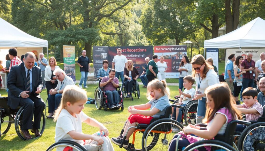 A vibrant community gathering scene showcasing various individuals engaged in adaptive recreation activities in a park setting in Clarkston. In the foreground, a diverse group of men, women, and children, dressed in professional business attire and modest casual clothing, interact joyfully with adaptive sports equipment, like wheelchairs and sensory-friendly toys. In the middle ground, tents and booths represent various community partnerships, with banners and informational displays highlighting the mission of inclusivity. The background features lush greenery and soft sunlight filtering through trees, creating an inviting and warm atmosphere. The camera angle is slightly elevated, capturing both close interactions and the broader community spirit. The overall mood is cheerful and supportive, emphasizing togetherness and accessibility in recreation. A vibrant community gathering scene showcasing various individuals engaged in adaptive recreation activities in a park setting in Clarkston. In the foreground, a diverse group of men, women, and children, dressed in professional business attire and modest casual clothing, interact joyfully with adaptive sports equipment, like wheelchairs and sensory-friendly toys. In the middle ground, tents and booths represent various community partnerships, with banners and informational displays highlighting the mission of inclusivity. The background features lush greenery and soft sunlight filtering through trees, creating an inviting and warm atmosphere. The camera angle is slightly elevated, capturing both close interactions and the broader community spirit. The overall mood is cheerful and supportive, emphasizing togetherness and accessibility in recreation.